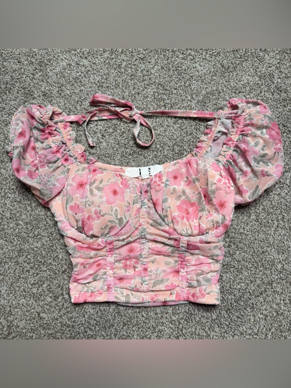 Pink Floral Puff Sleeve Ruched Crop Top